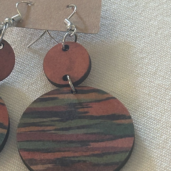 HUGE SALE! BOHO ART DECO COLORFUL STRIPED DOUBLE ROUND WOODEN DROP EARRINGS NEW - Picture 6 of 6